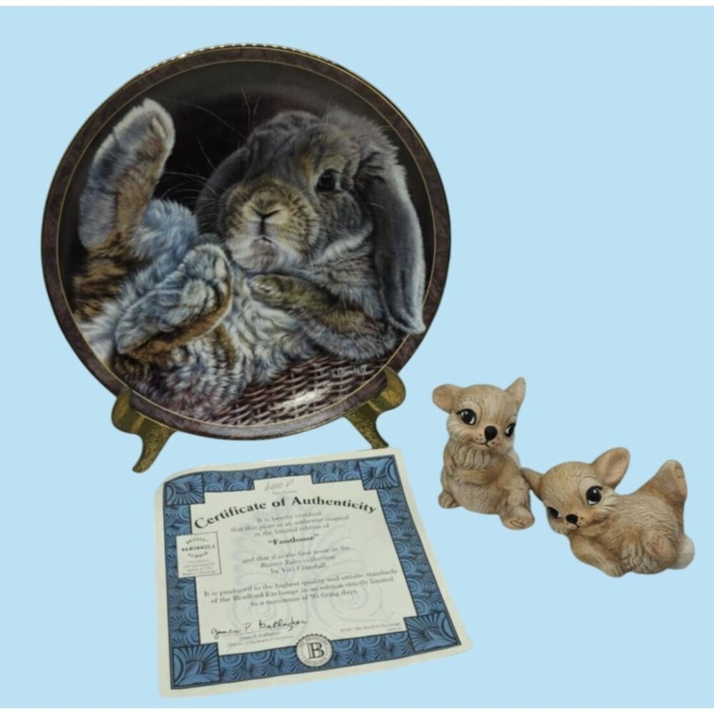 Lot of Vintage Hand Painted Bunny Figurines & Plate with COA Rabbit Easter